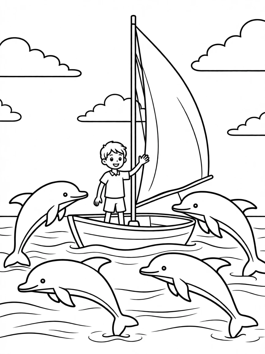 An adventurer sailing past a friendly pod of dolphins