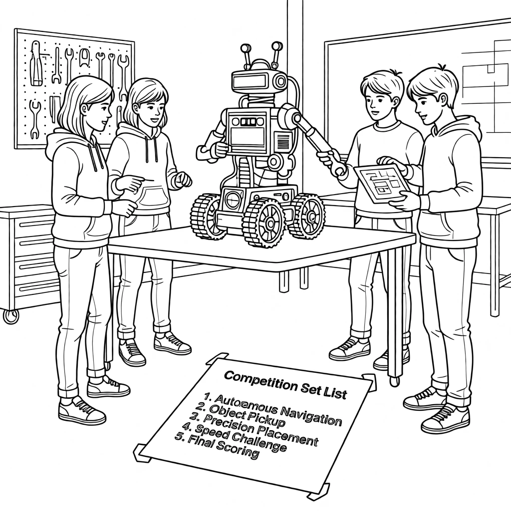 A robotics club team gathered around their competition robot, with a set list taped to the floor nearby.