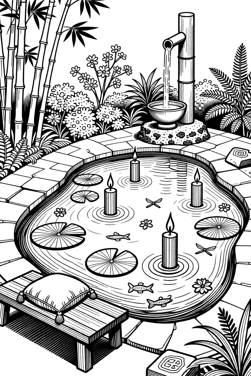 A meditation garden pond with floating candles and lily pads.