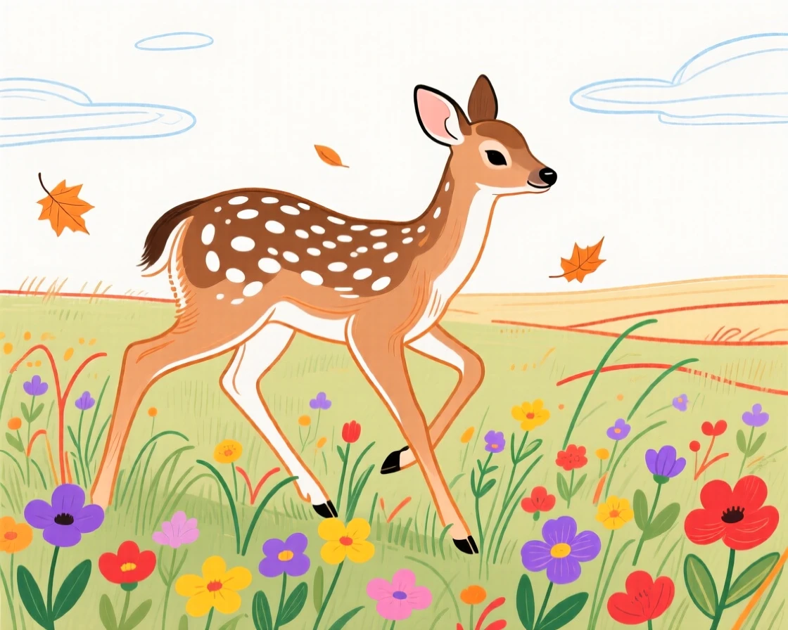A spotted fawn playing near a wildflower field on a crisp autumn day.