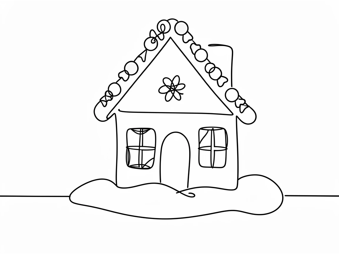 A gingerbread house decorated with candy on a snowy windowsill