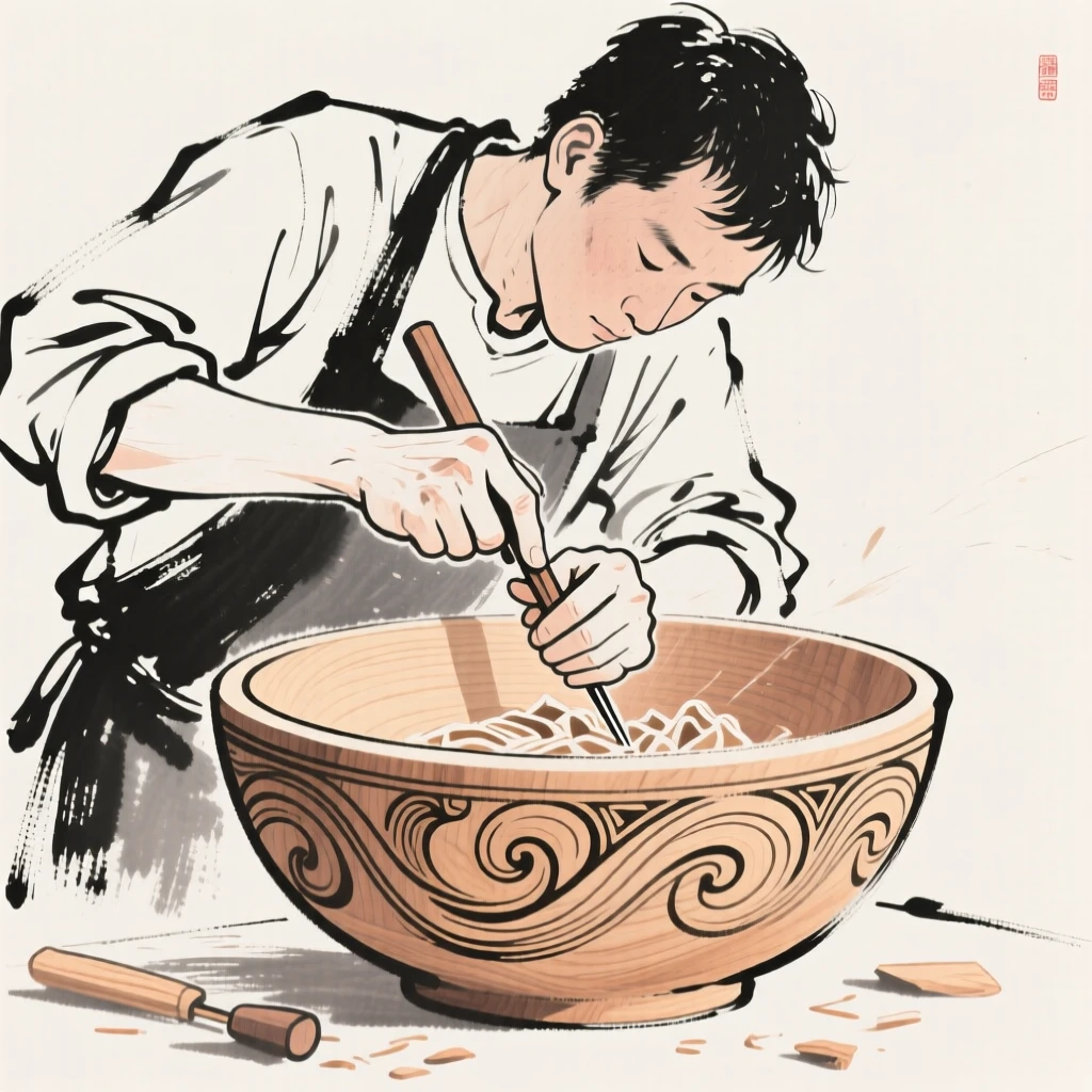 A woodworker carving an intricate design into a wooden bowl.
