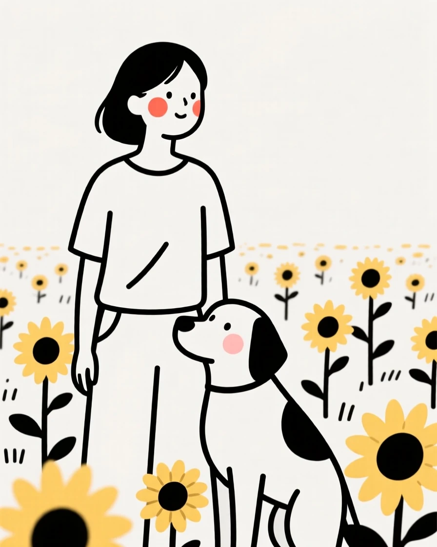 A mother with a rescue dog, full of curious wonder, in a sunflower field.
