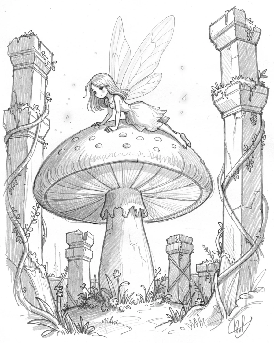 A magical, imaginative vision of a fairy resting on a giant mushroom amid ancient ruins overtaken by nature, with embers drifting gently upward.