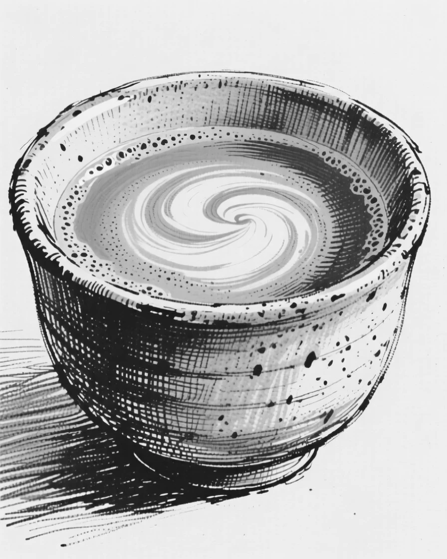 A bowl of matcha green tea whisked to a smooth foam in a ceramic cup.