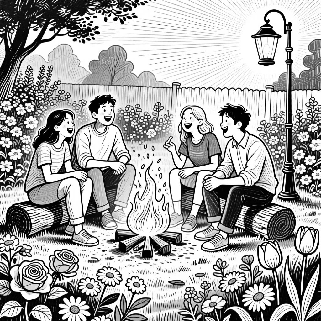 A group of friends laughing around a campfire in a garden filled with blooming flowers, with the glow of a nearby lamp softening the scene, creating a peacefully content lifestyle scene.