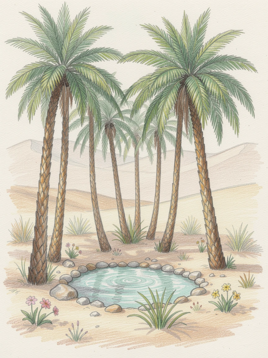 A desert oasis with palm trees surrounding a hidden spring, with delicate details that reward a closer look, evoking nostalgia and a deep sense of contentment.