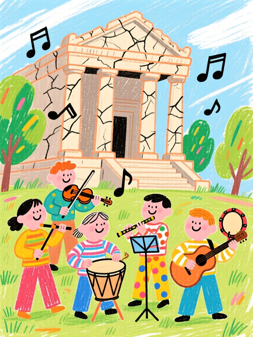 A group of musicians performing beside an ancient temple.