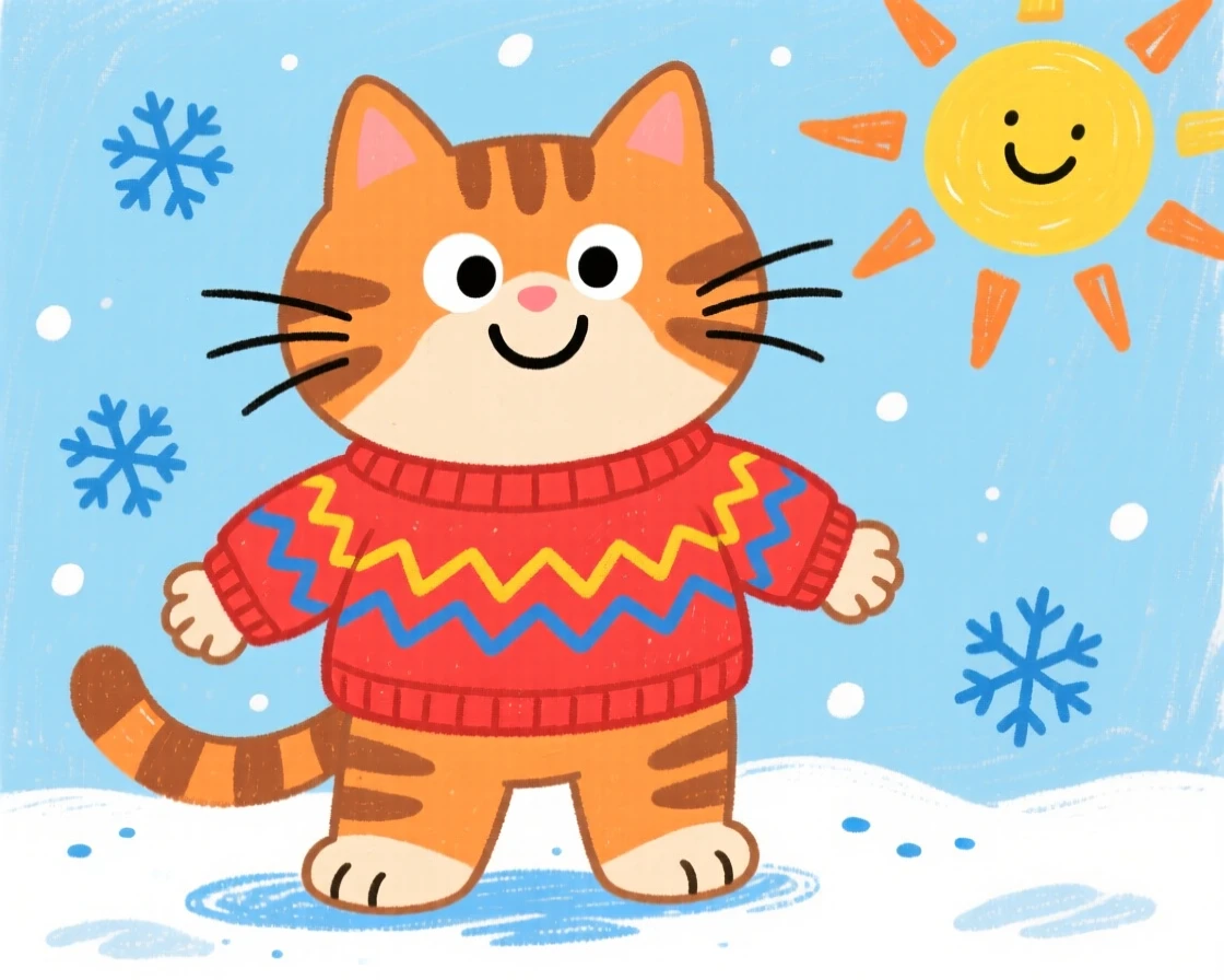 A playful tabby cat wearing a tiny knitted sweater on a cold morning.
