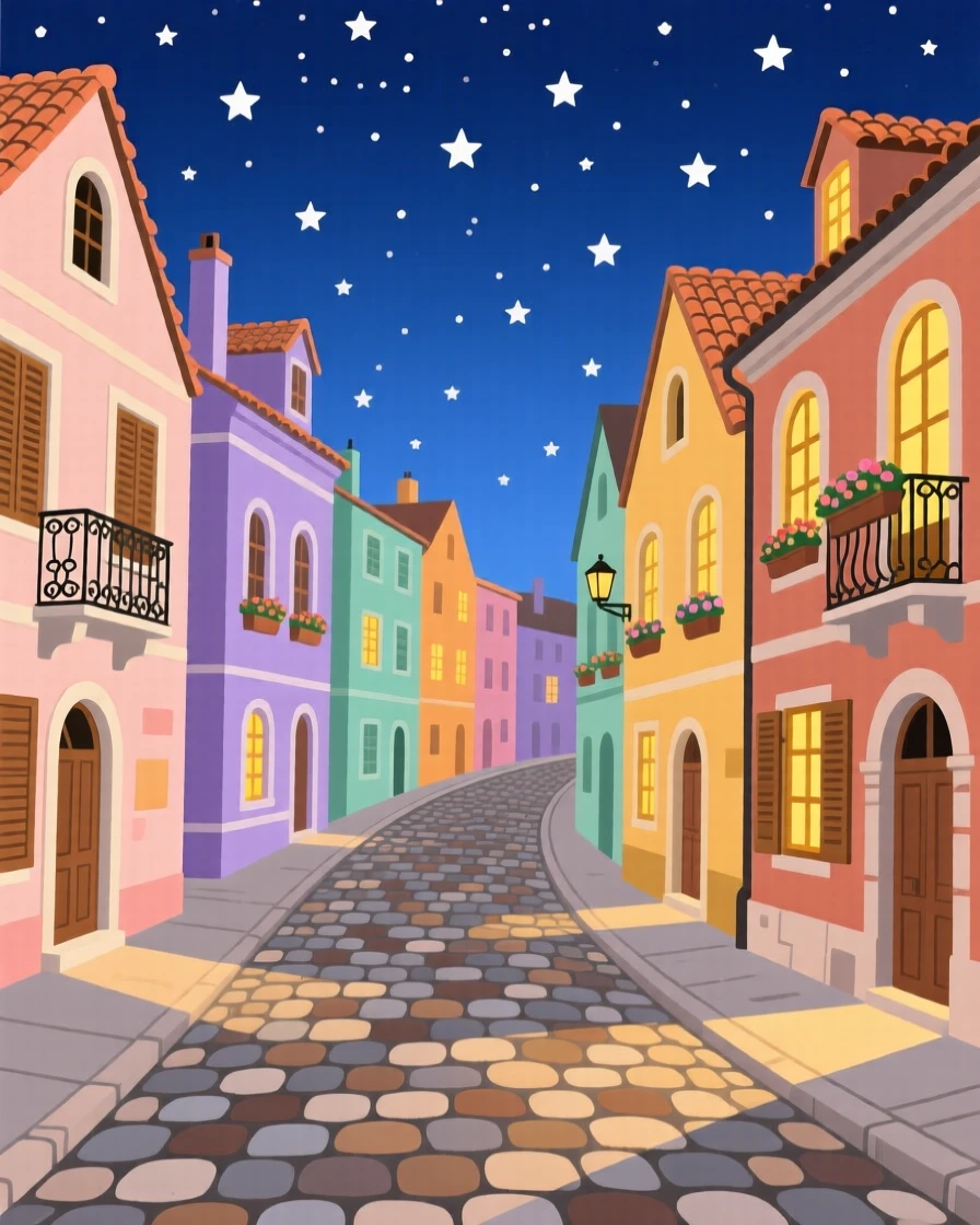 A charming cobblestone street lined with colorful European buildings, under a starlit evening sky, framed with a sweeping wide-angle perspective, with a nostalgic, postcard-like charm.