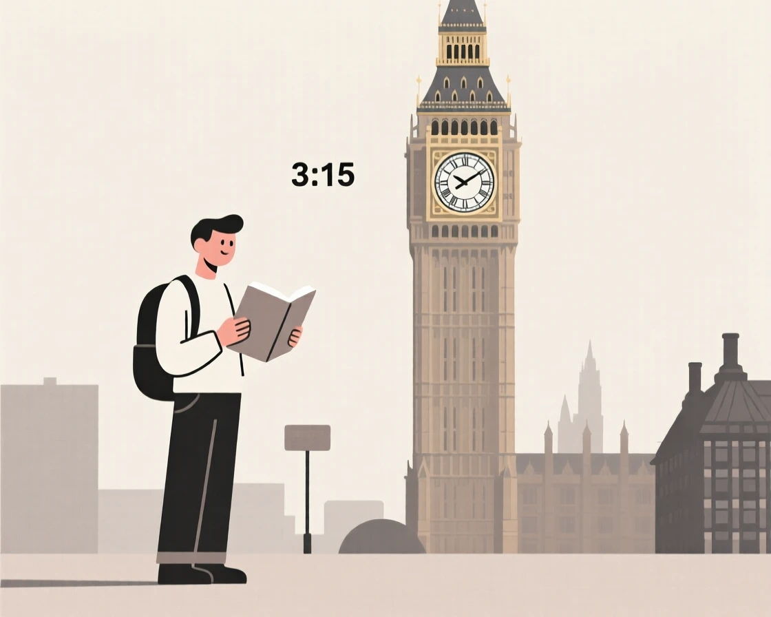 A traveler reading a guidebook near a famous clock tower.