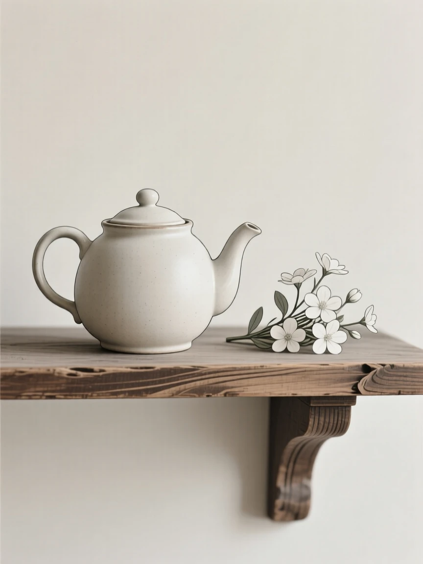 A close-up study of a ceramic teapot placed beside fresh flowers on an antique shelf, full of gentle sentimentality.