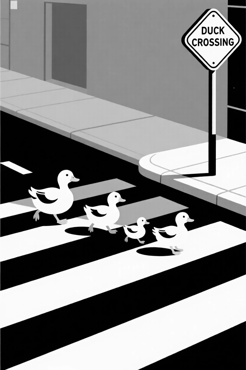 A duckling family crossing a quiet street.