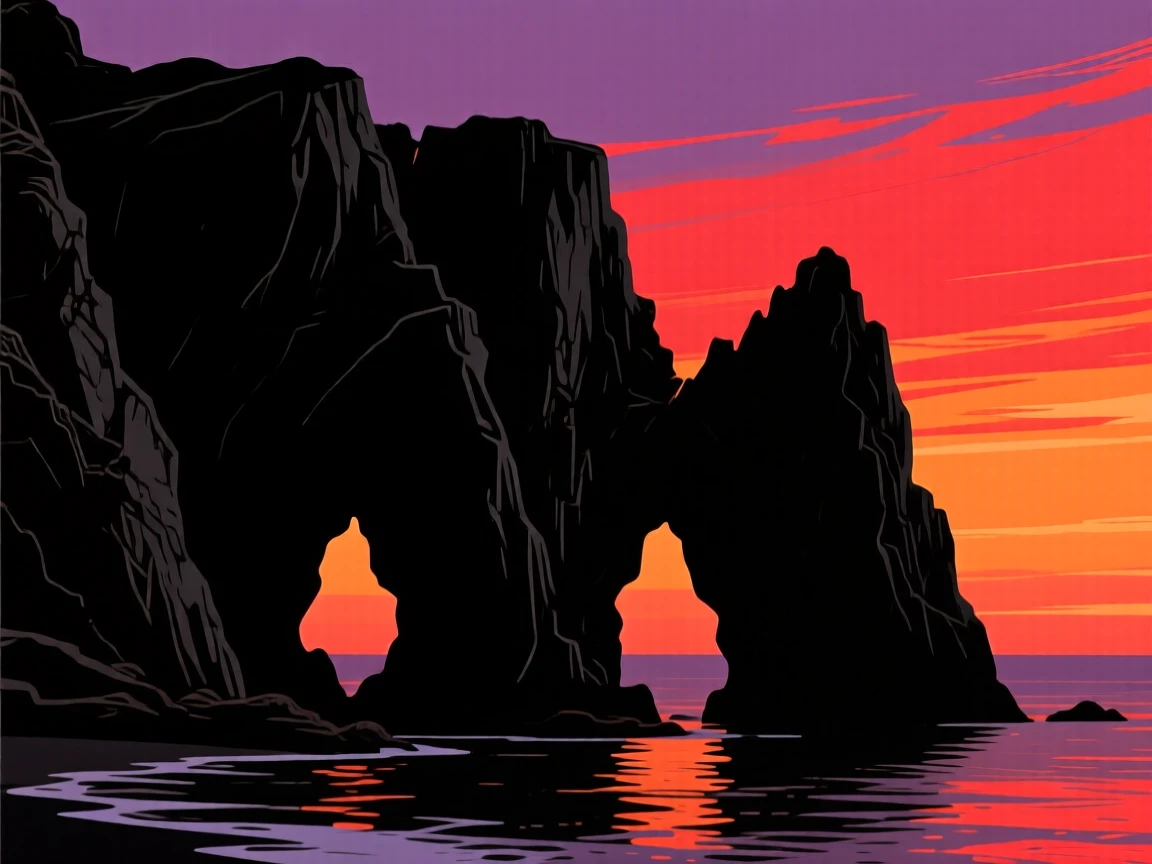 A cluster of sea caves carved into a rugged coastal cliff.