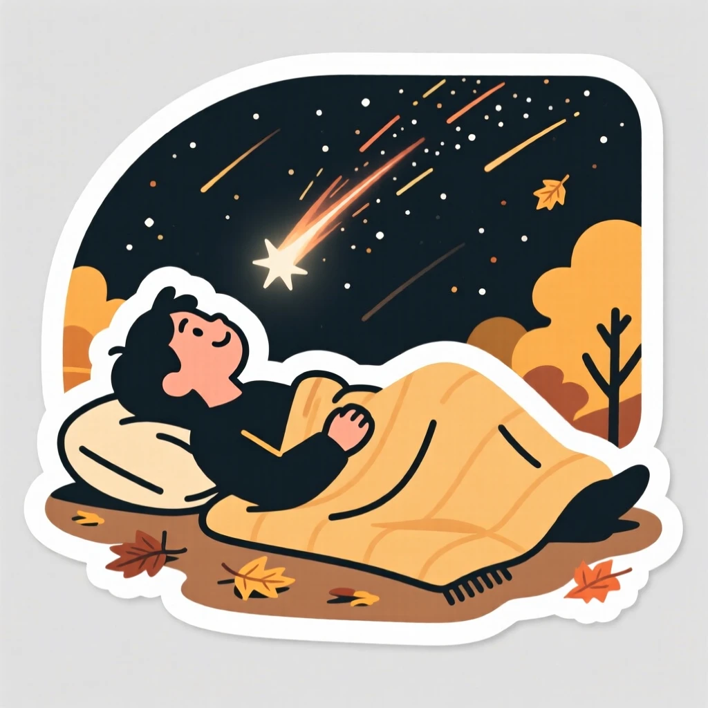 A completely absorbed stargazer lying on a blanket watching meteors, with a look of quiet satisfaction, during a golden autumn afternoon.
