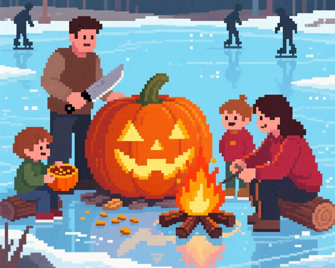 A family carving a pumpkin glowing beside a crackling bonfire, on a frozen pond used for ice skating.