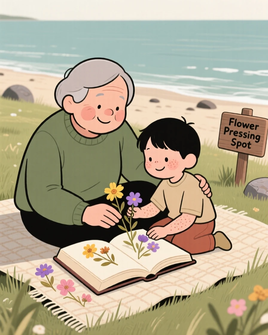 A grandparent shows a young grandchild how to press flowers between book pages in the quiet backyard, both taking their time as the water laps gently at the shore.