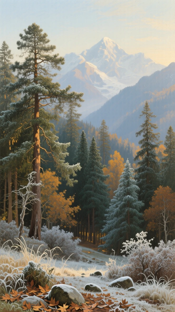 A broad landscape view of a dense pine forest with shafts of light breaking through the canopy, during the first frost of autumn, in the Himalayas.