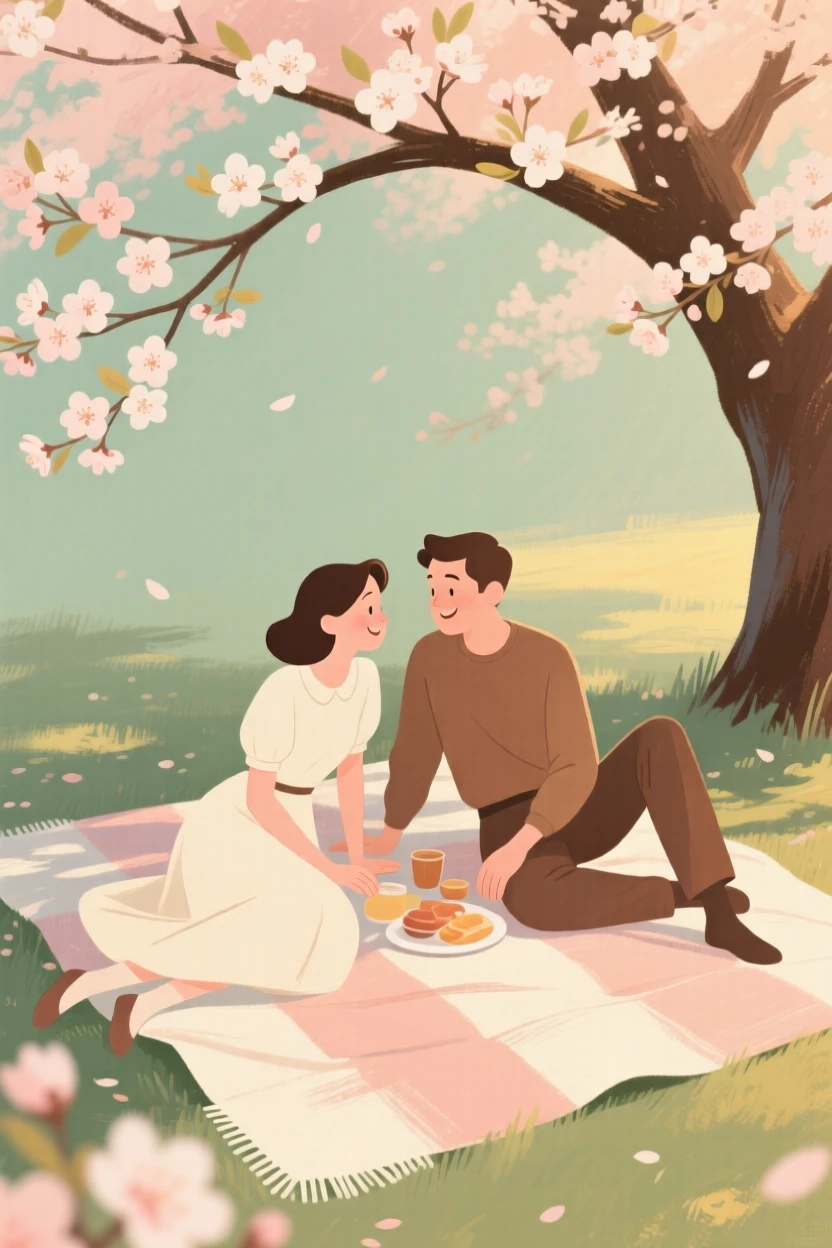 Two friends sharing a picnic blanket beneath a blossoming tree