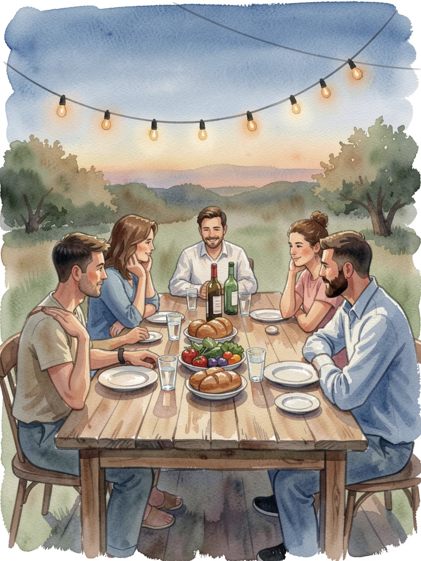 Friends sharing a meal at a long outdoor table strung with lights in a moment of quiet togetherness.