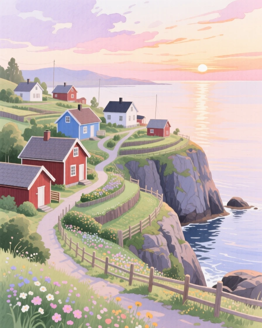 A picturesque view of a Scandinavian fishing village with terraced gardens overlooking the sea, under a soft sunrise