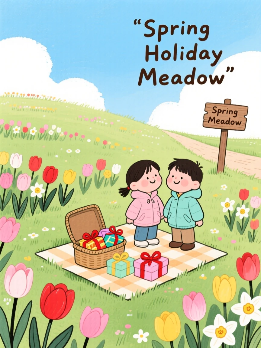 A heartwarming holiday moment: a spring meadow bursting with blooming tulips and daffodils.