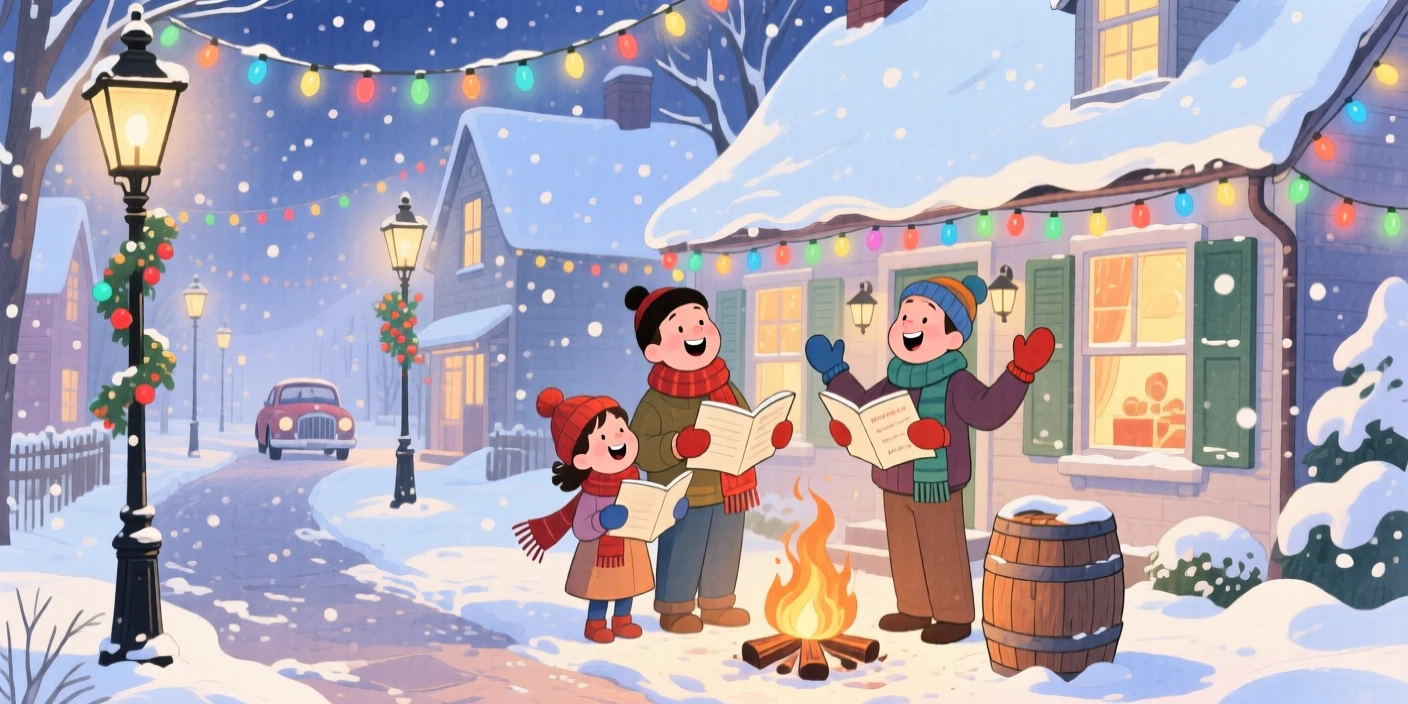 A family caroling together outside a snow-covered cottage, in a quaint village street strung with holiday lights, with the soft crackle of a nearby fire, evoking warmth and festive cheer.