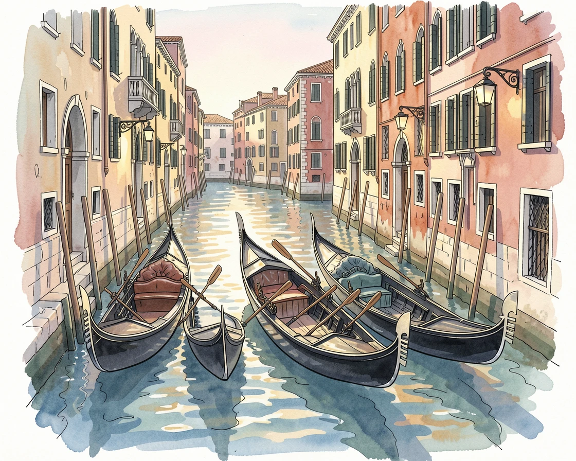 A row of gondolas resting along a quiet Venetian canal at dawn, soft evening light glowing warmly over the buildings.