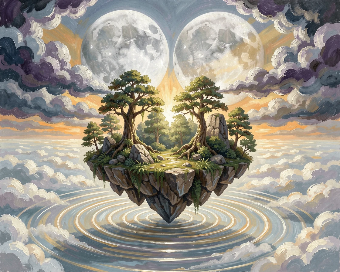 A floating island suspended above a sea of clouds, light rippling outward like water, beneath a sky filled with twin moons, as golden light breaks through parting storm clouds.
