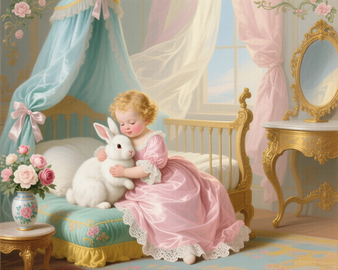 A toddler hugging a fluffy white rabbit in a nursery  