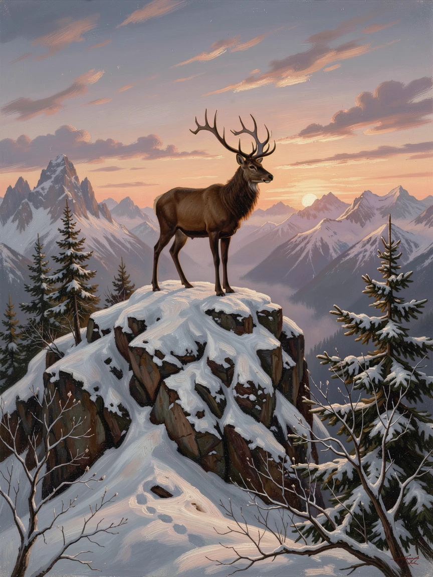 A stag surveys a snowy mountain ridge as the sun dips below the horizon.