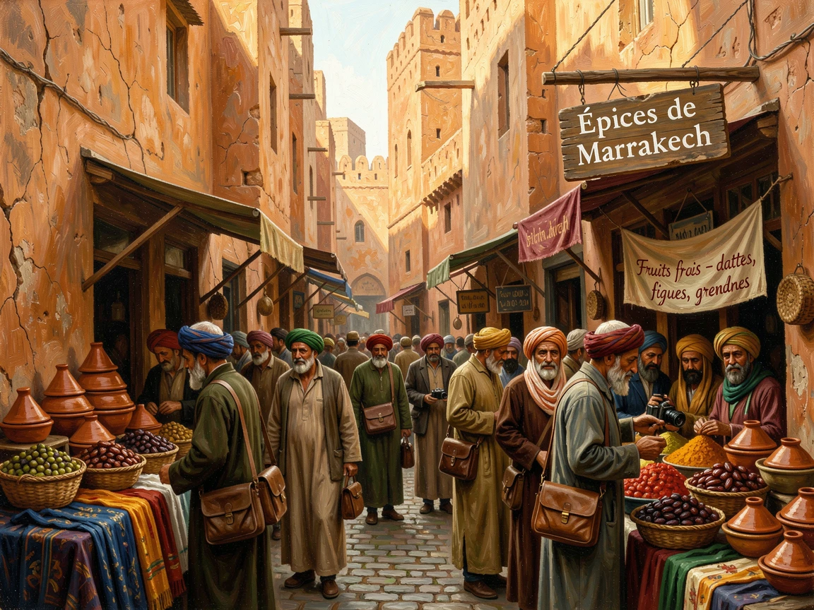 A bustling Marrakech marketplace framed by ancient sandstone walls, with locals and travelers adding life and scale to the scene, evoking a strong sense of place, history, and atmosphere