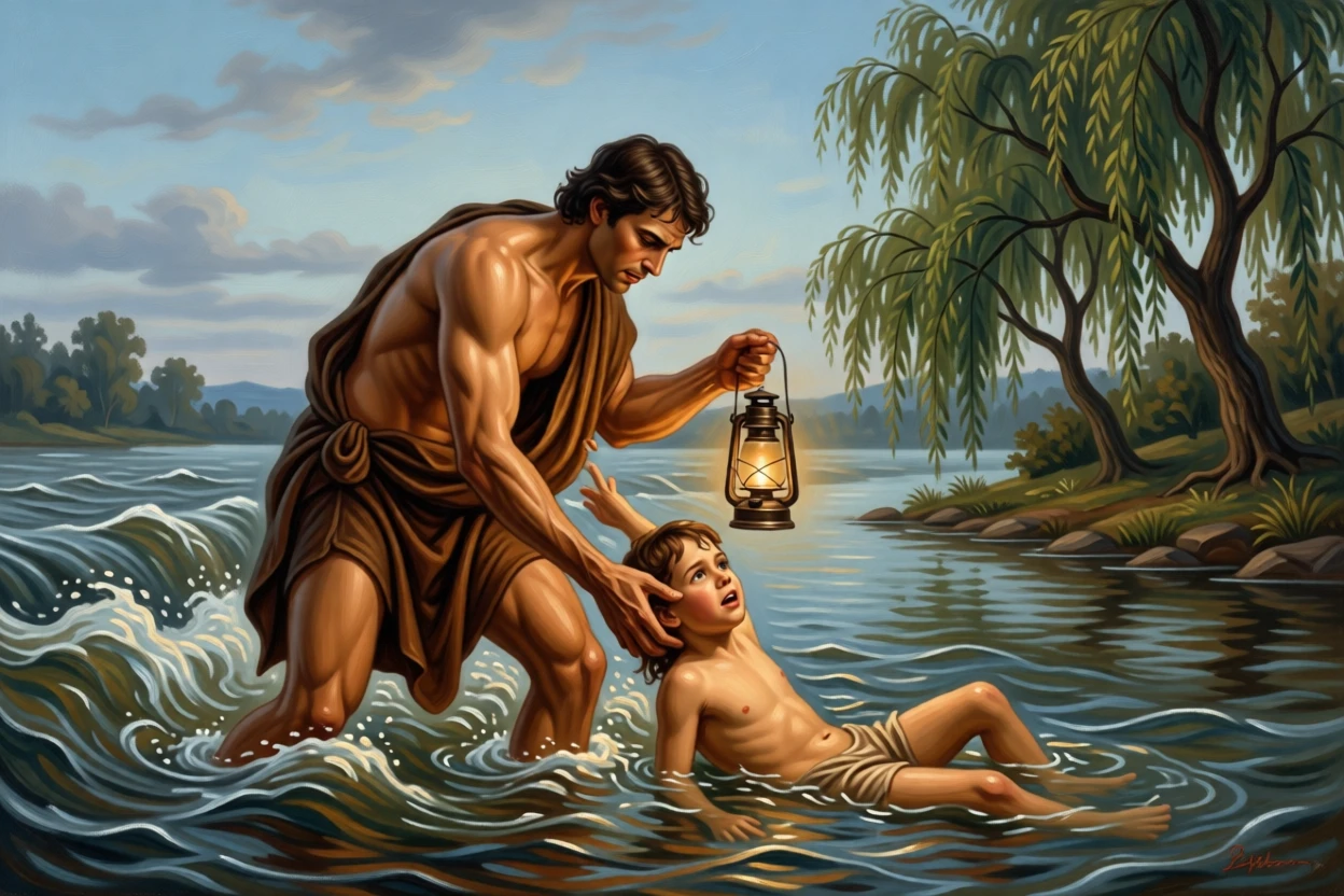 A rescuer pulling a drowning child from a raging river at the moment hope and fear collide, set beside a quiet riverbank framed by willow trees, with a lantern's glow illuminating the reunion; the composition uses negative space to emphasize the distance just closed, radiating hope restored after long hardship.