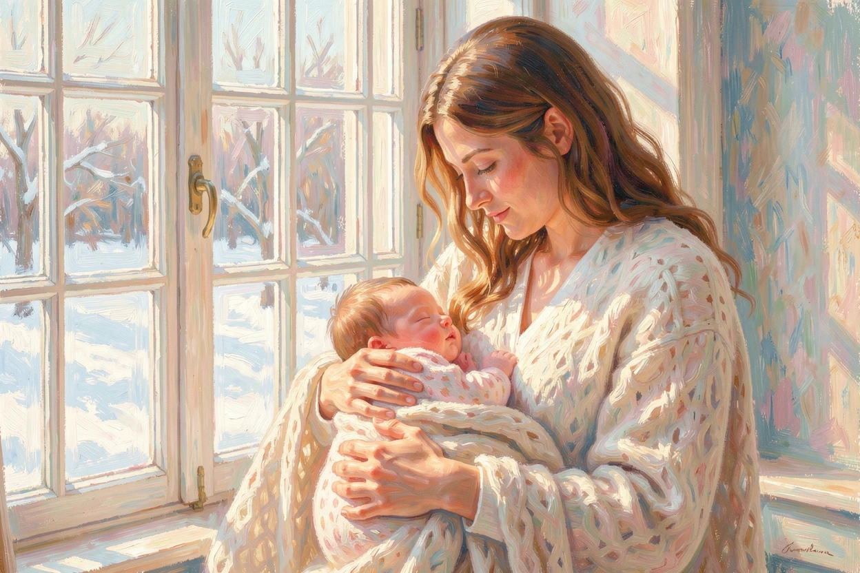 A mother cradling her newborn by a window, soft morning light wrapping around them both, under a fresh blanket of snow, evoking timeless charm and quiet elegance.