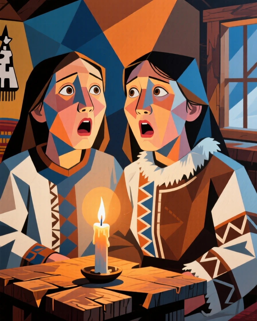 A tender close-up study of twin sisters of Inuit heritage gasping in wonder, inside a cozy candlelit room.