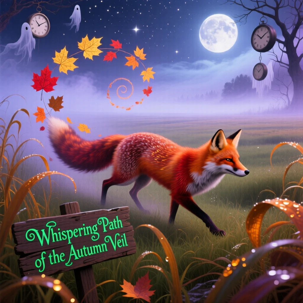 A fox whose tail unfurls into a trail of autumn leaves moves silently through a fog-covered meadow, as the surrounding grass bends toward it in reverence.