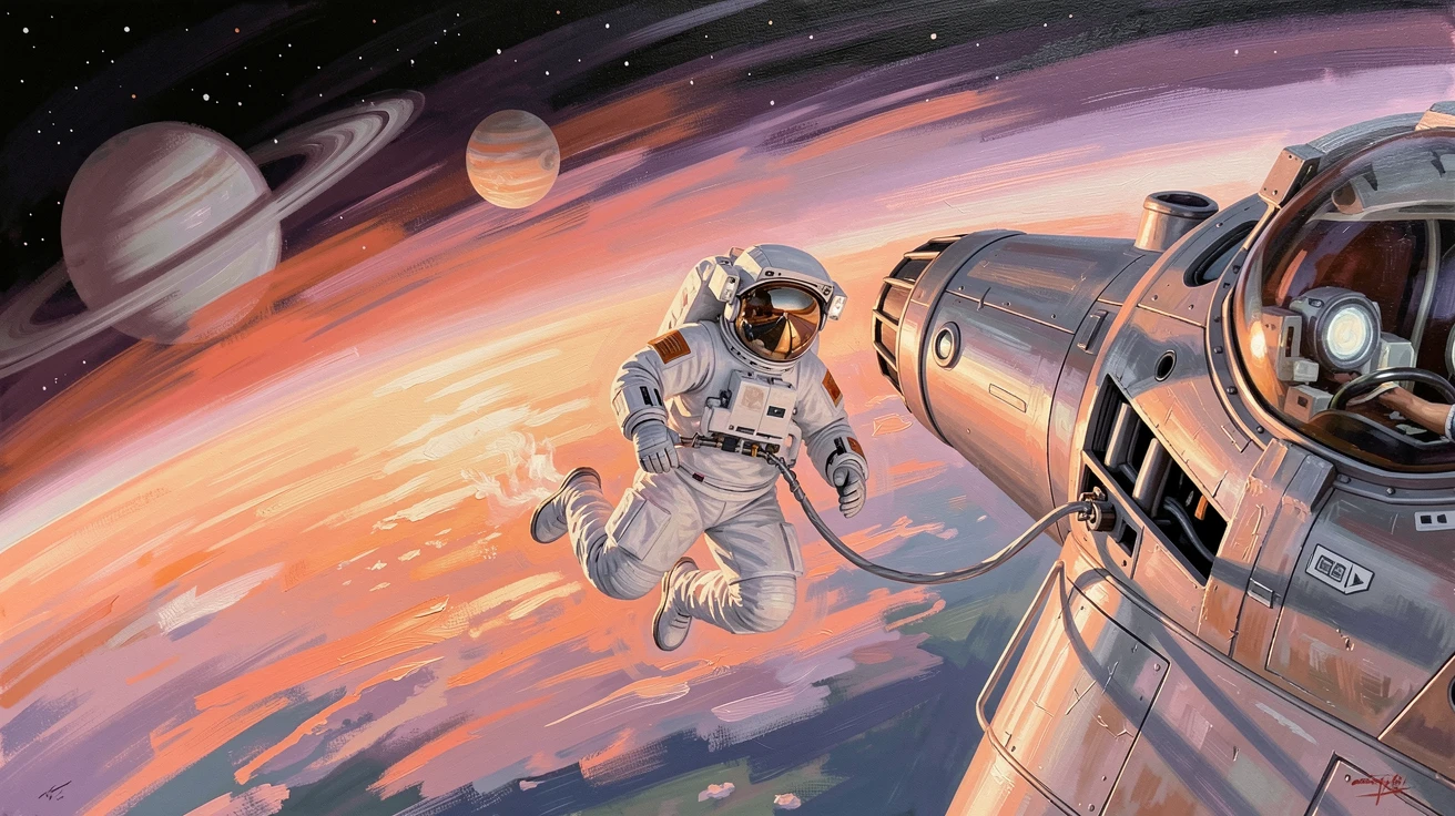 An astronaut conducts a spacewalk near a docking spacecraft, tethered against the backdrop of a brilliant sunrise over Earth's horizon, distant elements hinting at a much larger world extending beyond what is visible.