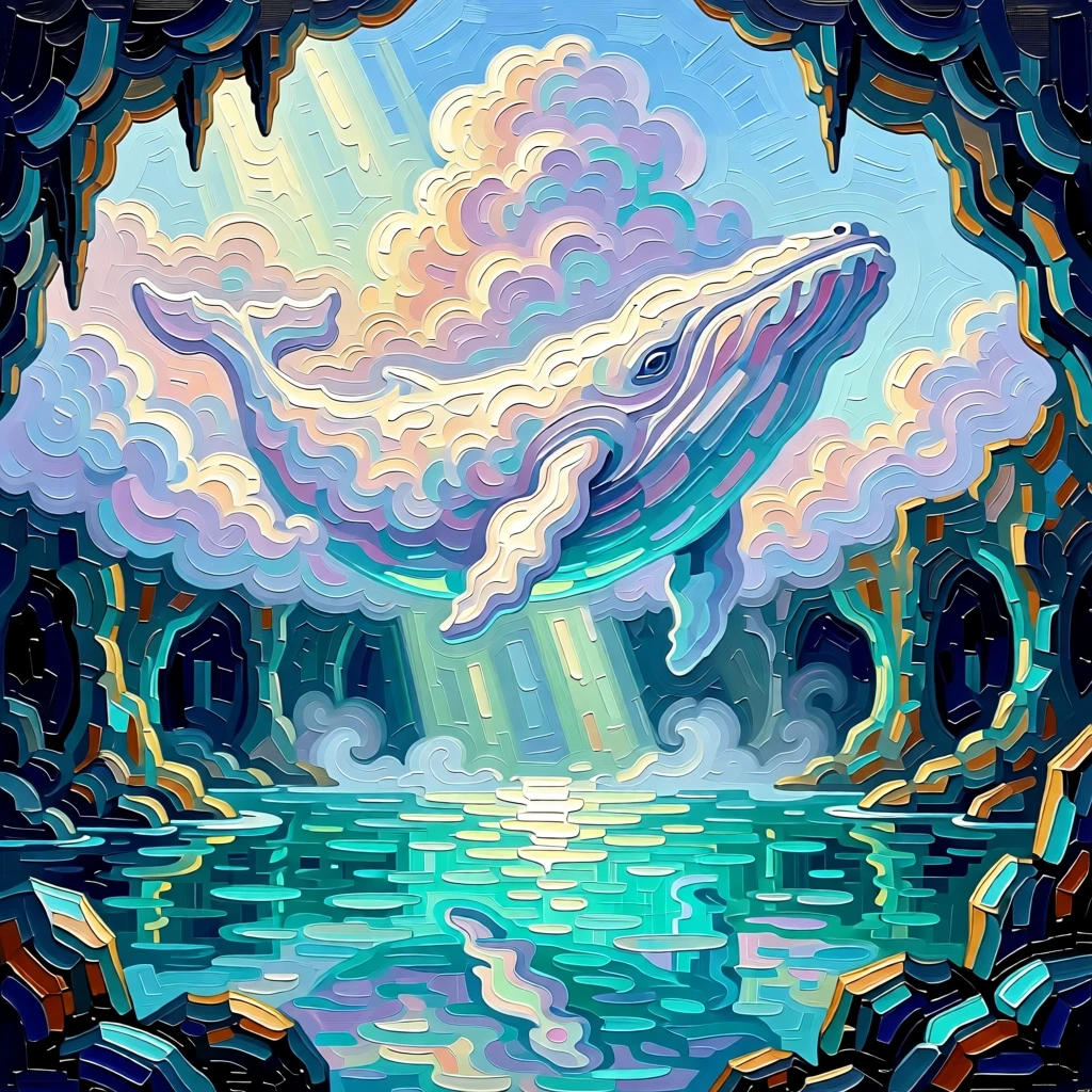 a cloud whale drifting through the sky rising from the depths of a glowing underground lake