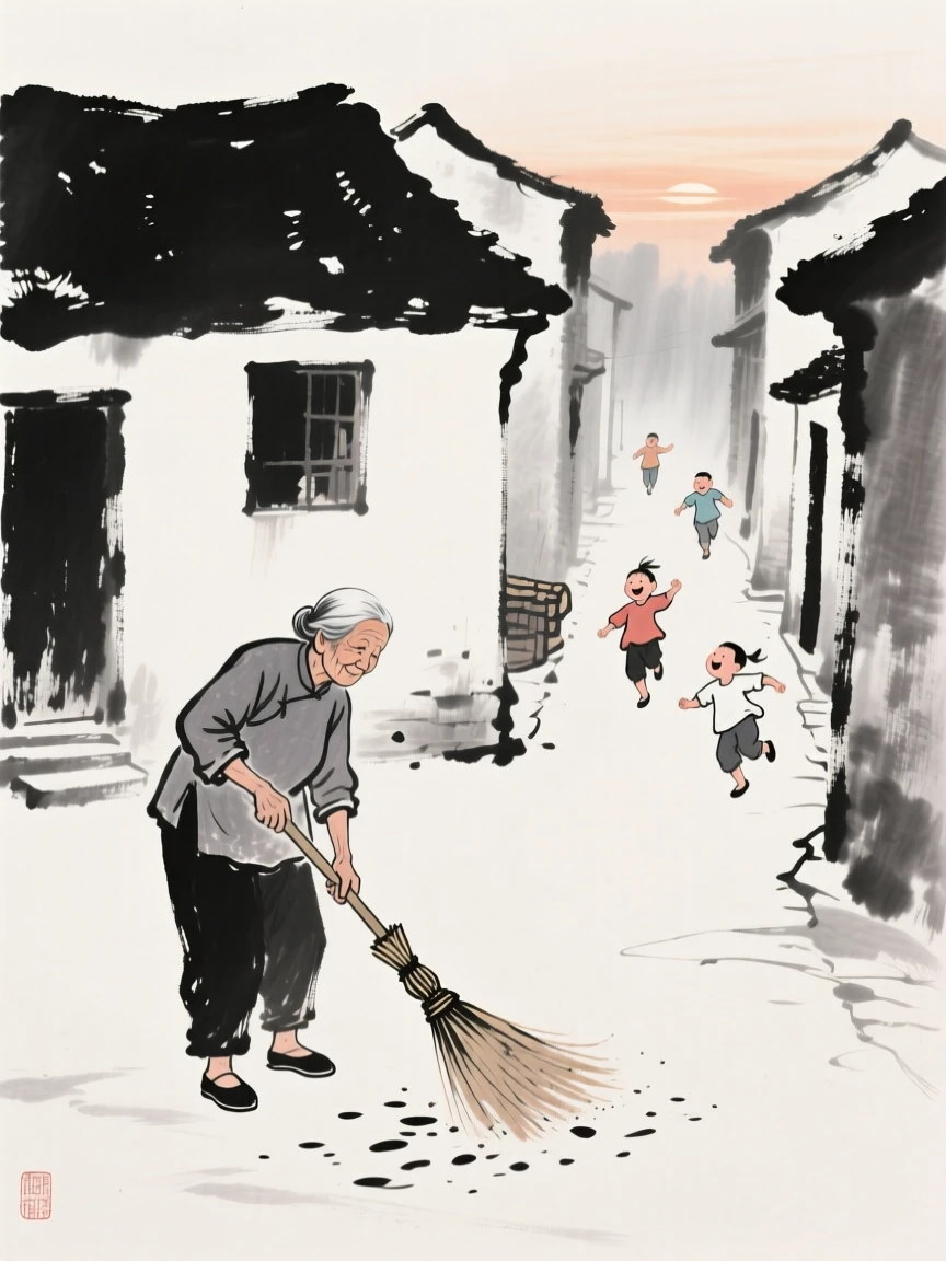 An old woman sweeps the courtyard in front of her home at dawn, as children run laughing through the narrow lanes.