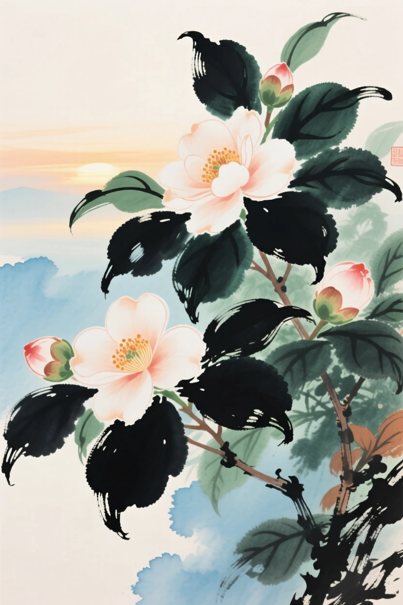 Camellias blooming brightly against a background of dark green leaves, conveying a deep sense of harmony with nature, at dawn.