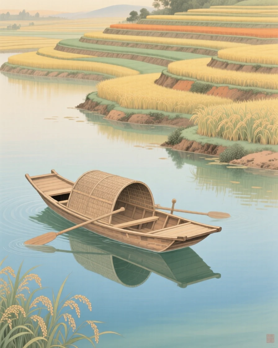 A small wooden boat drifting on a calm lake, with soft golden light spilling across the terraced fields