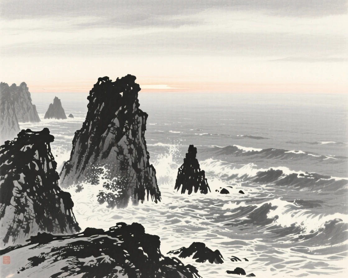 A rugged coastline where waves break against tall sea stacks at first light, when the world is still hushed and grey, composed with wide open space above to emphasize the scale of the sky, evoking a deep sense of solitude and quiet grandeur.