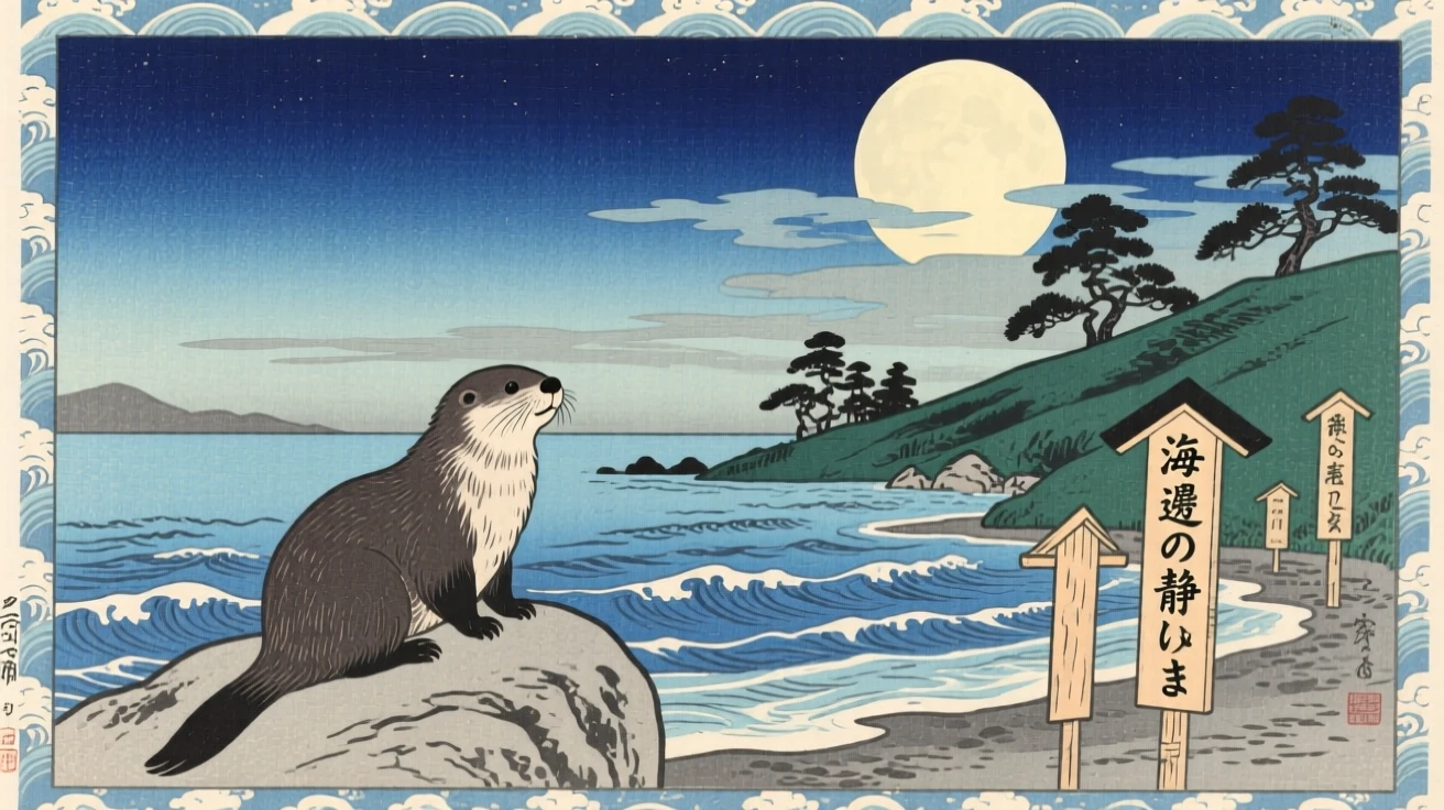 A sea otter perched silently under a full moon.