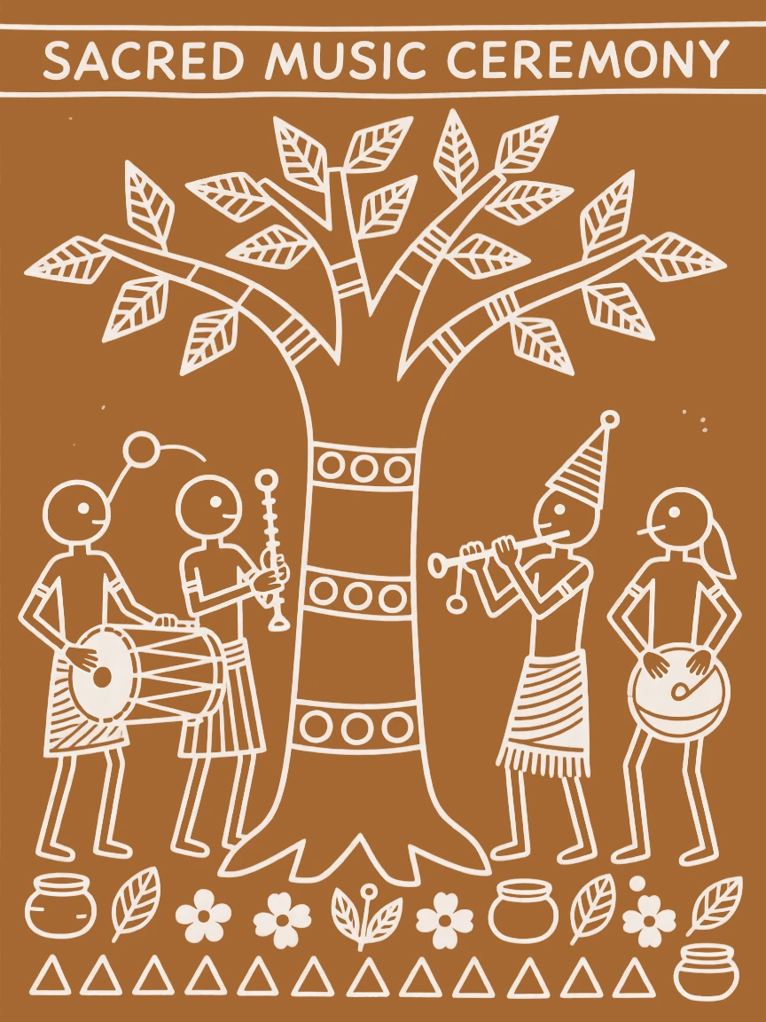 A group of temple musicians beside a sacred tree wrapped in offerings.