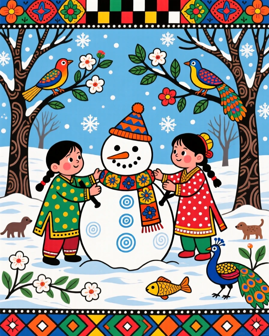 Children building snowmen together on a quiet winter morning.