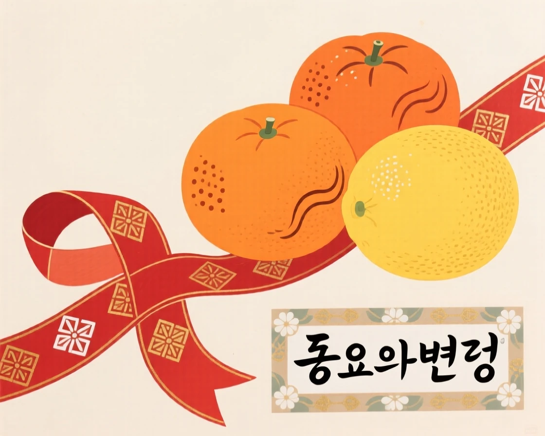 A trio of citrus fruits arranged beside a red ribbon, symbolizing prosperity.