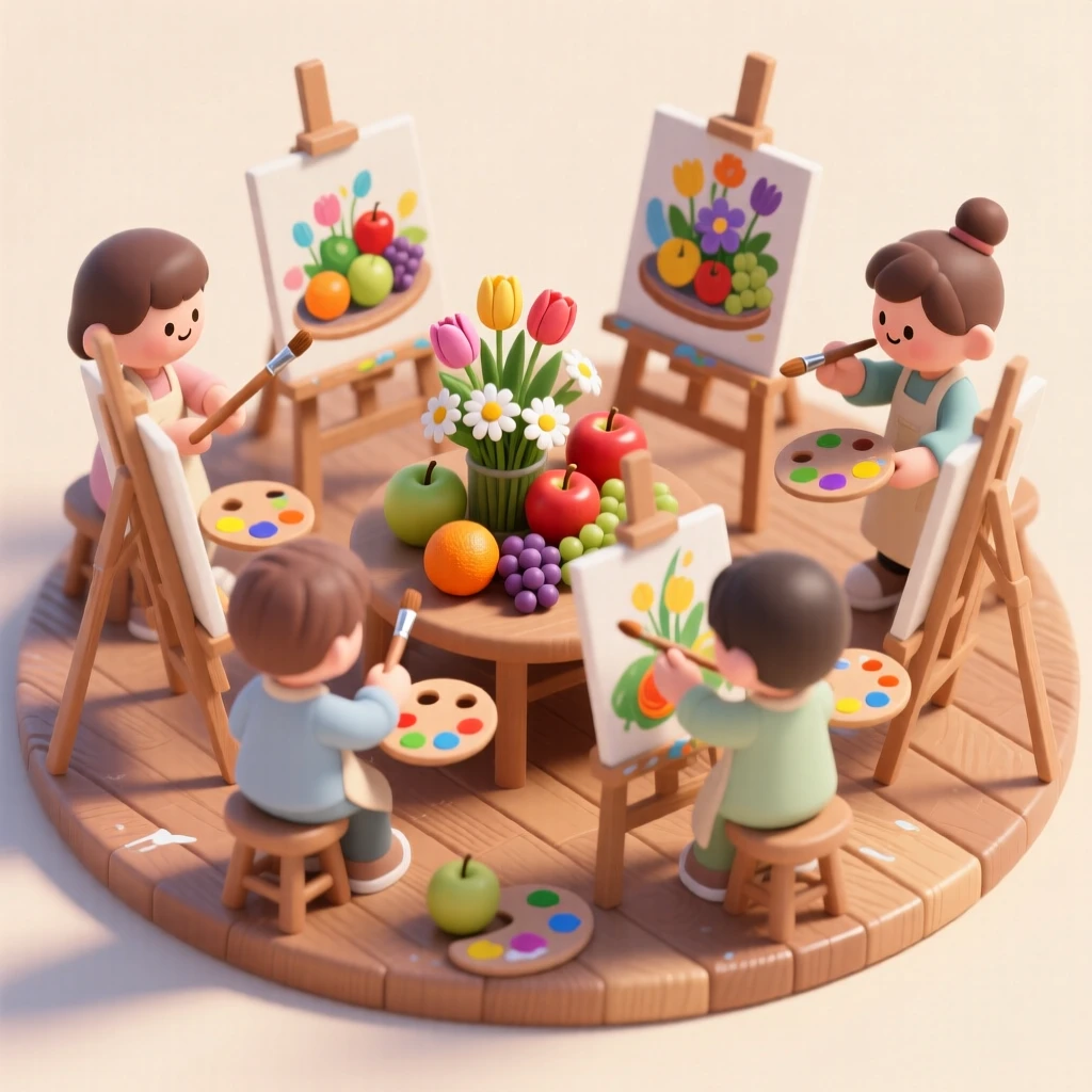 A quaint art studio classroom with easels arranged in a circle, students painting a still life of fruit and flowers.