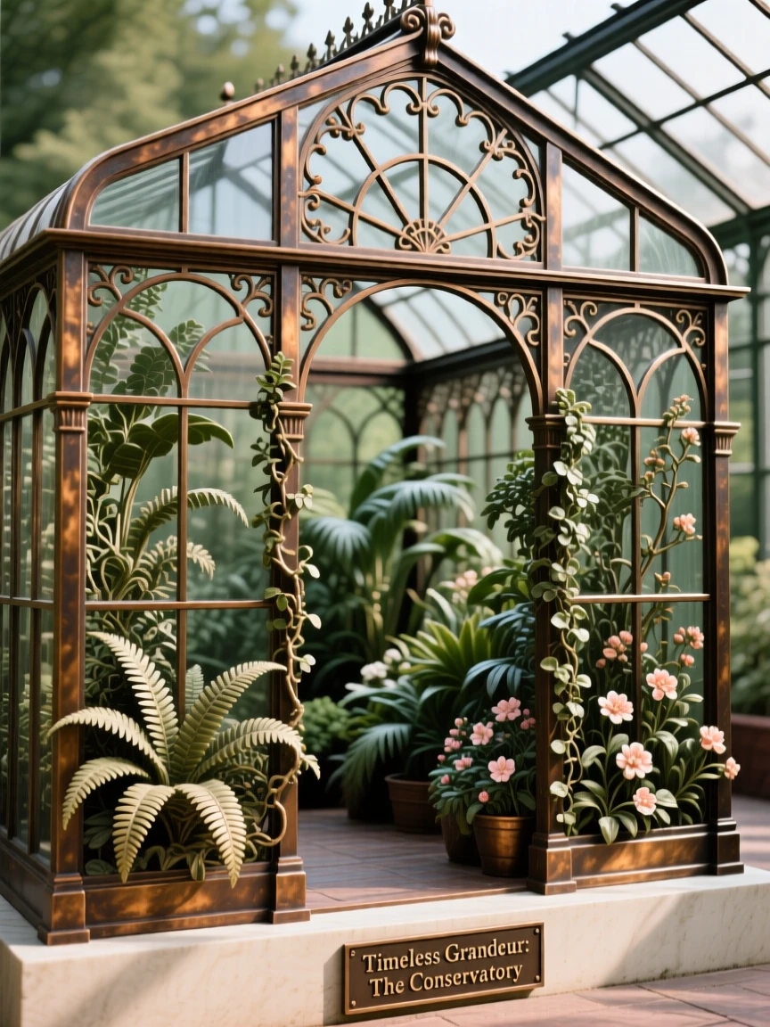 An elegant iron and glass conservatory filled with plants, with a powerful sense of history and grandeur, exuding timeless grandeur