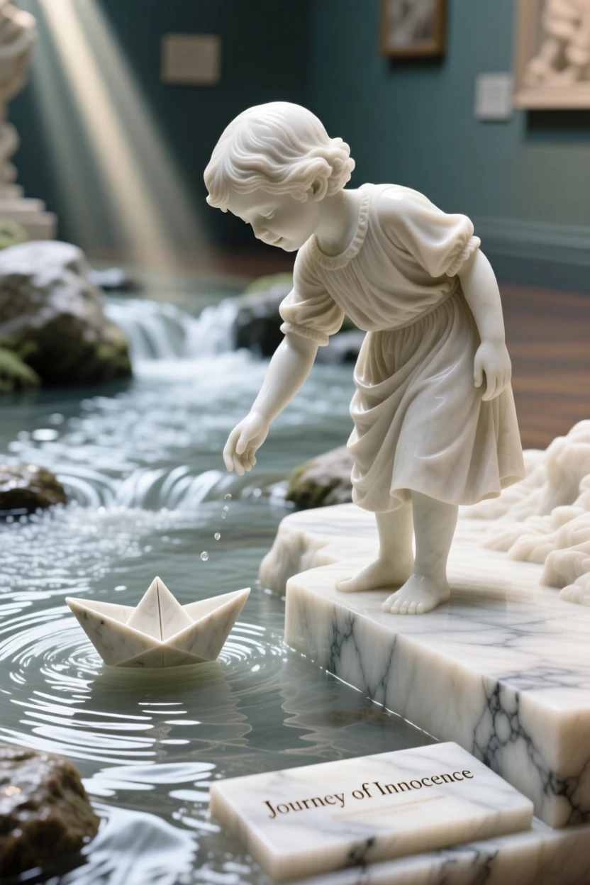 A beautifully composed image of a child releasing a paper boat into a stream, surrounded by soft, glowing light, full of atmosphere and visual storytelling