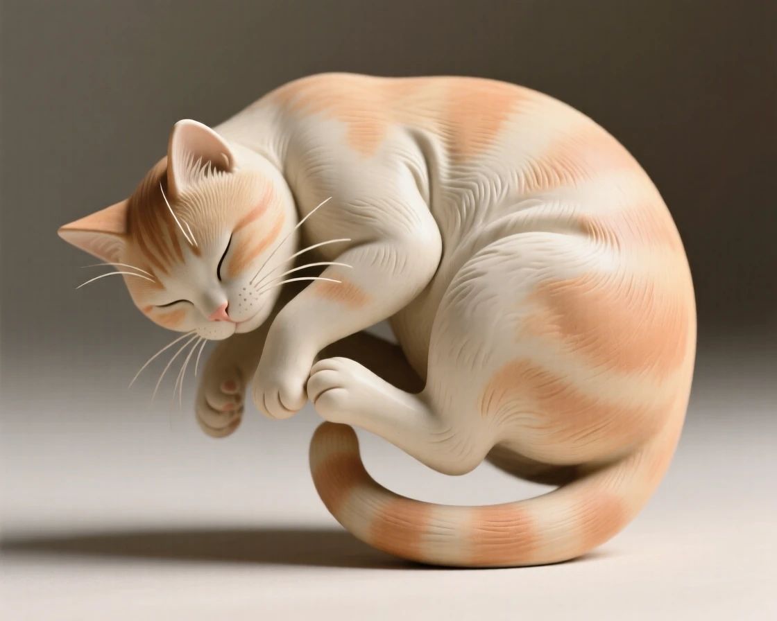 A curled-up cat caught in a playful leap, with delicate whiskers catching the light, radiating warmth and tender innocence.